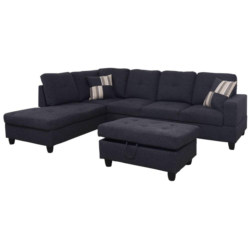 Star Home Living 3 Piece Jet Black Linen 4 Seater L Shaped Left Facing Chaise Sectional Sofa With Ottoman F125a The Home Depot