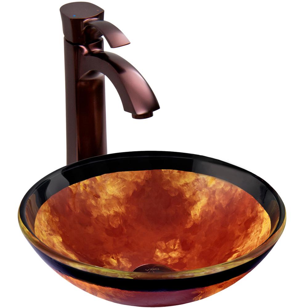 VIGO Glass Vessel Sink in Auburn/Mocha Fusion with Otis Faucet Set in Oil Rubbed BronzeVGT319