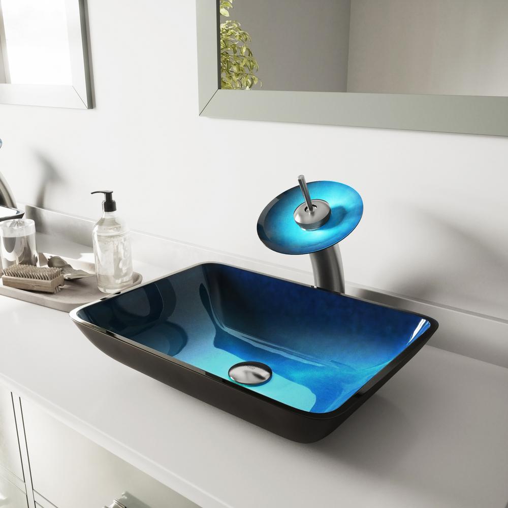 Vigo Rectangular Glass Vessel Bathroom Sink In Turquoise Water With Waterfall Faucet Set In Brushed Nickel