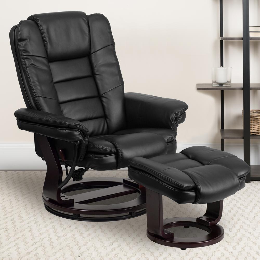 Flash Furniture Contemporary Black Leather Recliner And Ottoman With Swiveling Mahogany Wood Base Bt7818bk The Home Depot