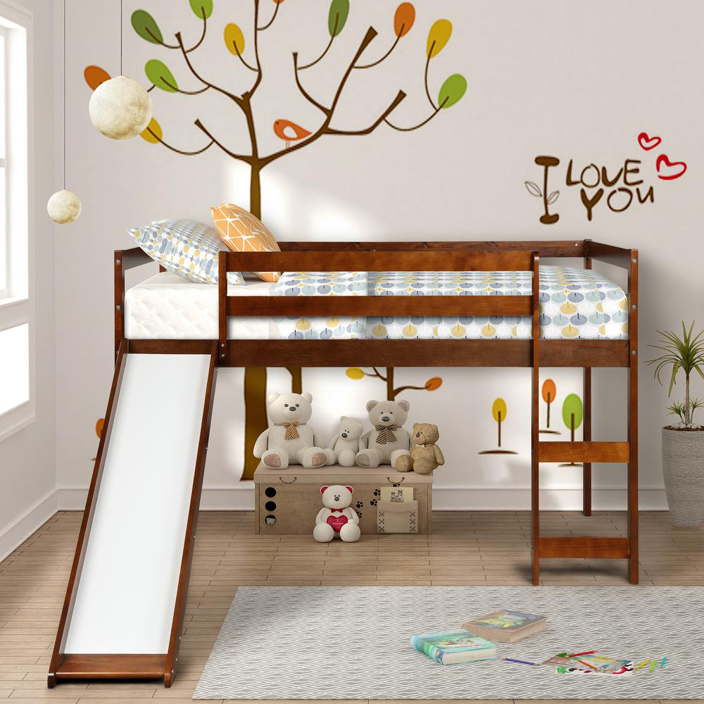 Harper Bright Designs Walnut Wood Twin Loft Bed With A Slide Walnut Wood Twin Loft Bed With A Slide