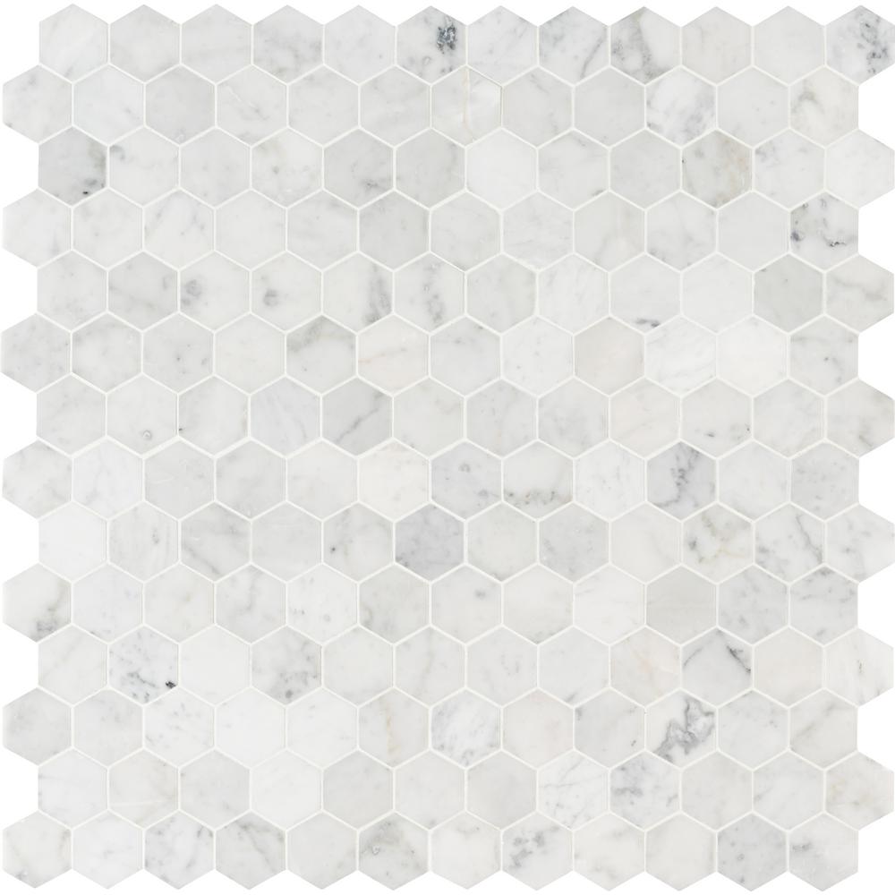 Shop Carrara White Hexagon 11.75 in. x 12 in. x 8mm Honed Marble Mesh-Mounted Mosaic Tile (9.8 sq. ft.... from Home Depot on Openhaus