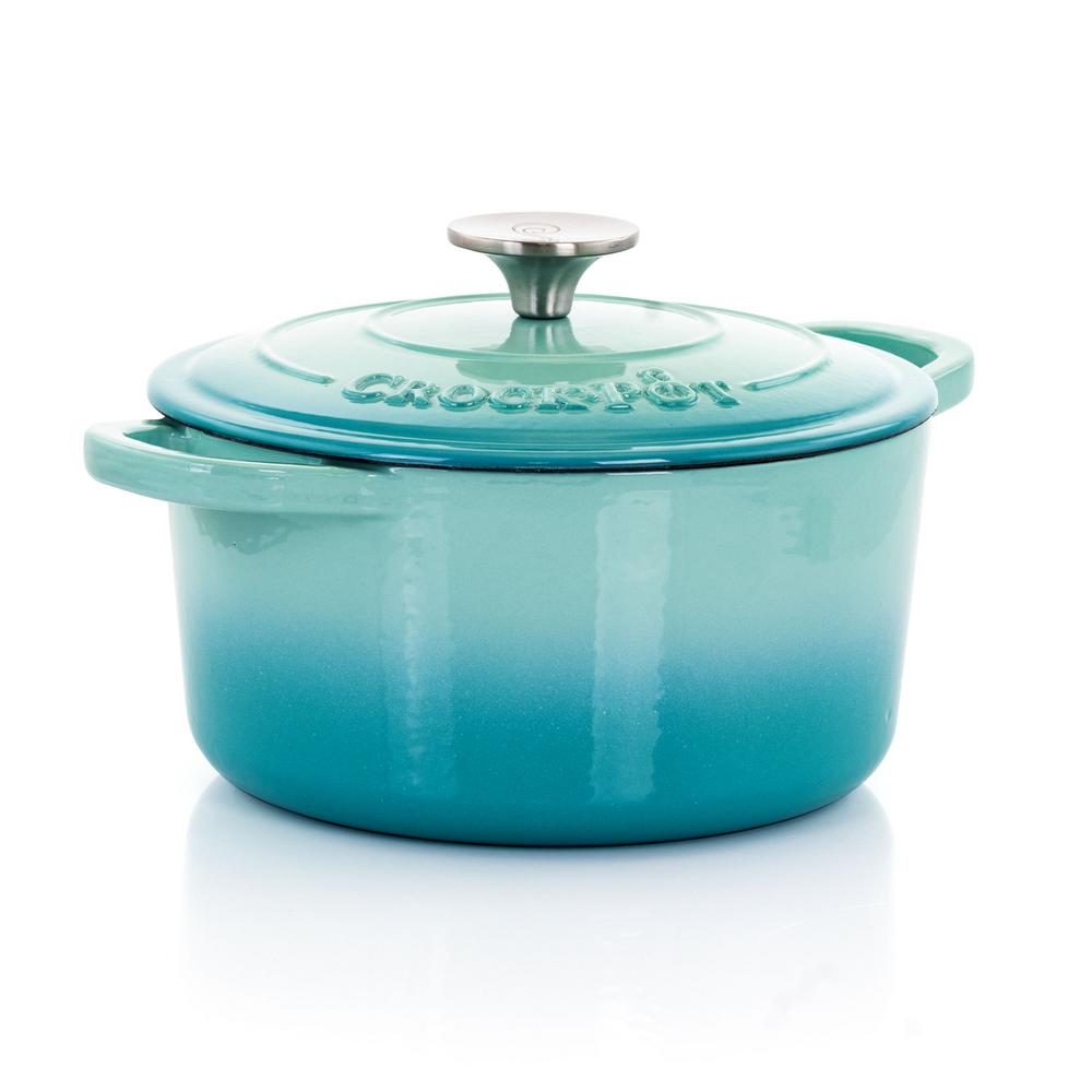 Crock Pot Artisan 3 Qt Round Cast Iron Nonstick Dutch Oven In Aqua Blue With Lid m The Home Depot