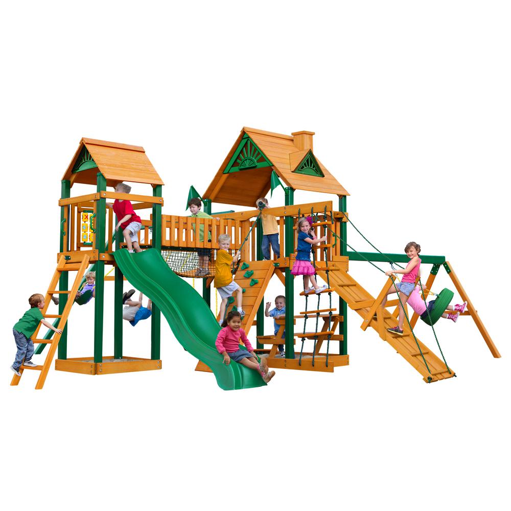 Gorilla Playsets Pioneer Peak Treehouse Wooden Swing Set With Tire Swing And Clatter Bridge