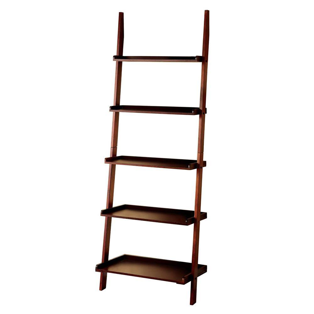 Benjara 72 in. Cherry Wood 5shelf Ladder Bookcase with Open Back