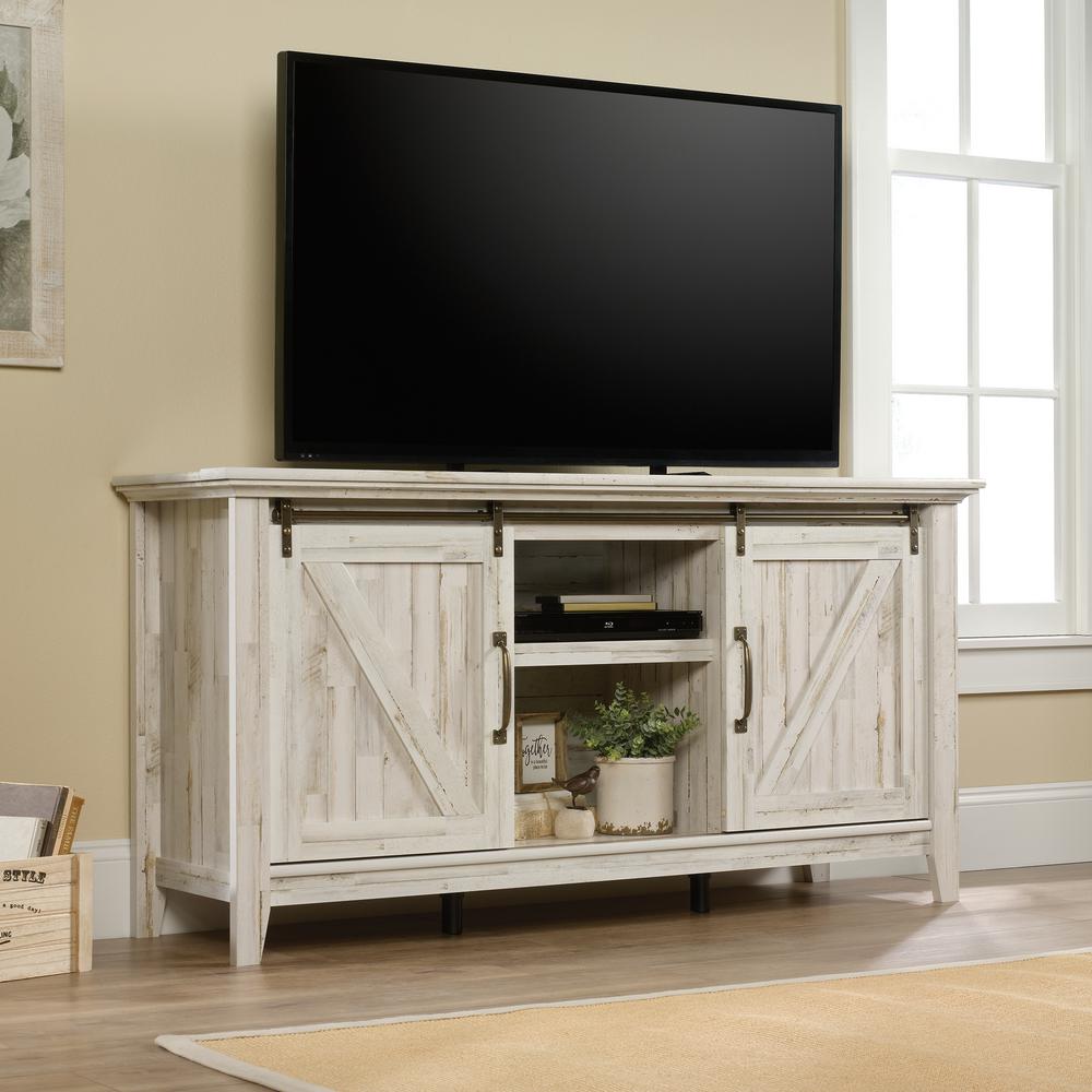 Sauder Dakota Pass White Plank Sliding Door Entertainment Credenza