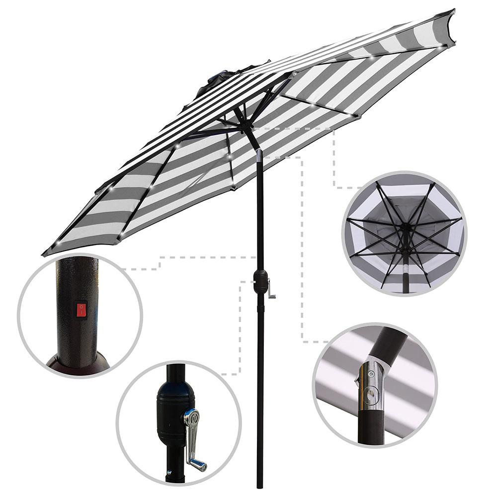 Maypex 9 Ft Steel Market Crank And Tilt Round Solar Light Patio Umbrella In Black And White 300260 Bw The Home Depot