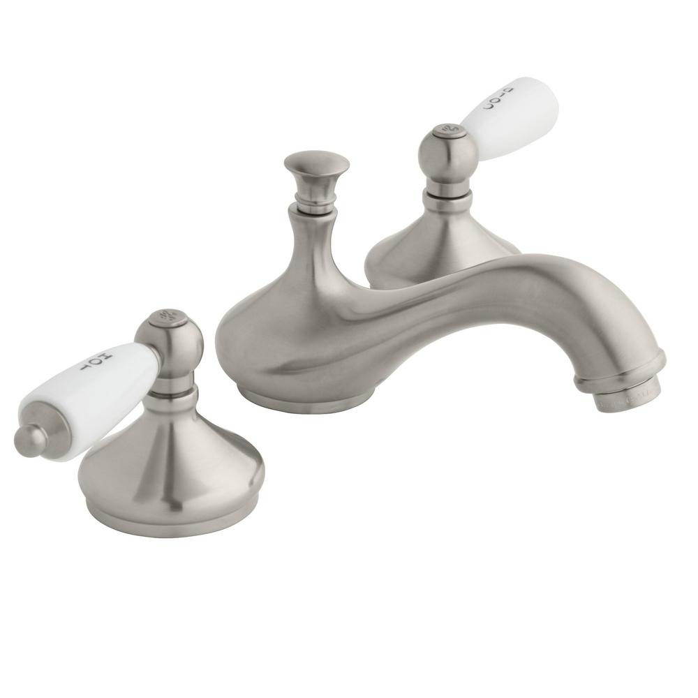 Glacier Bay Teapot 8 In Widespread 2 Handle Low Arc Bathroom Faucet In Brushed Nickel Hd67738w 6004 The Home Depot