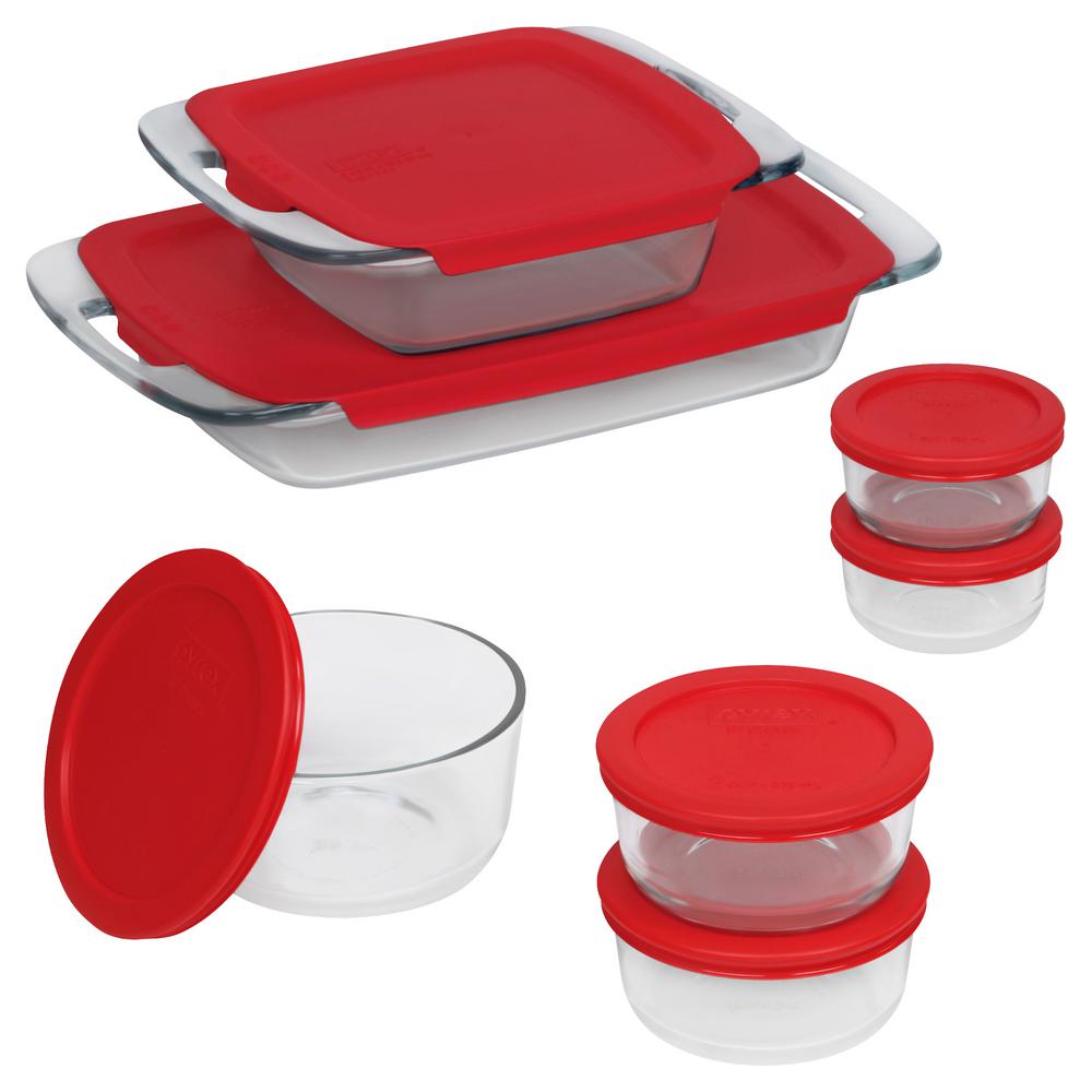 Pyrex Bake N Store 14 Piece Glass Bakeware And Storage Set With Red Lids 1119648 The Home Depot 