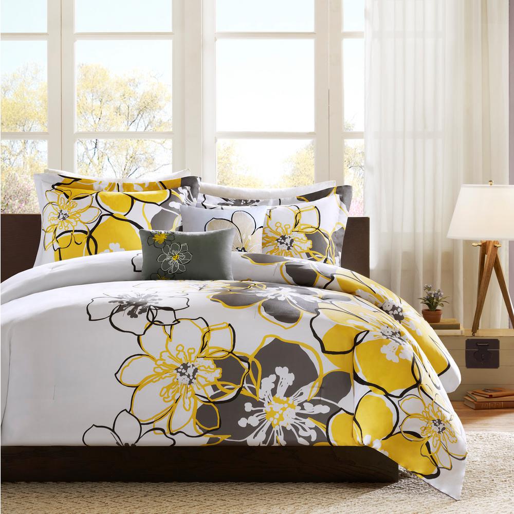 Mi Zone Skylar 4 Piece Yellow Grey Full Queen Comforter Set Mz10