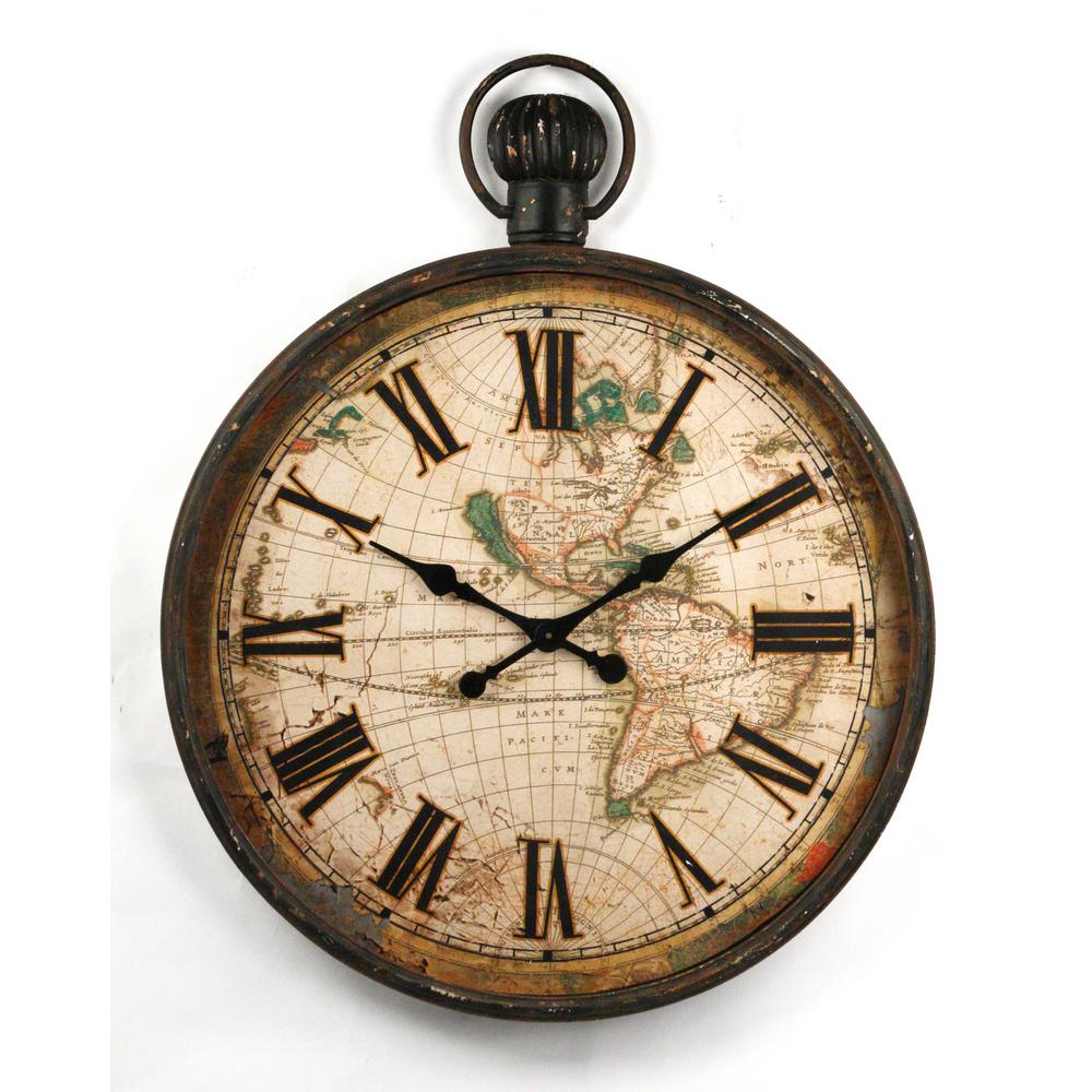 Zentique Rustic Iron Vintage Map Face And Roman Numeral Clock