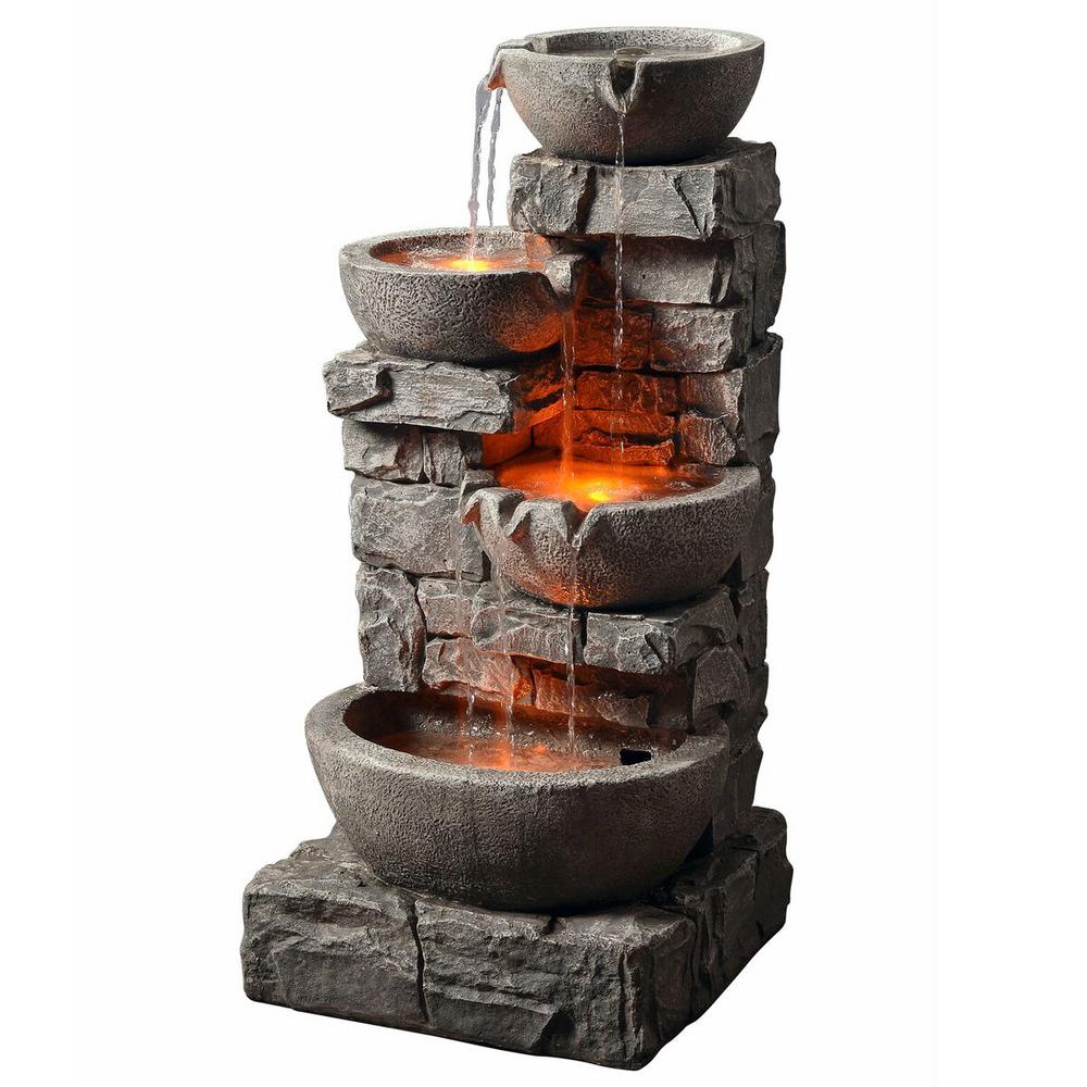 Peaktop Outdoor Stacked Stone Tiered Bowls Fountain with LED Light