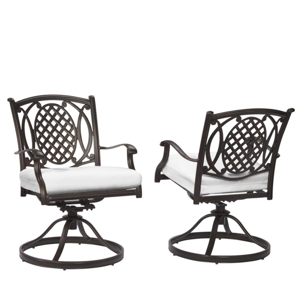 Hampton Bay Belcourt Rubbed Onyx Swivel Metal Outdoor Patio Motion Dining Chairs With Cushionguard Chalk White Cushions 2 Pack H029 01396100 The Home Depot