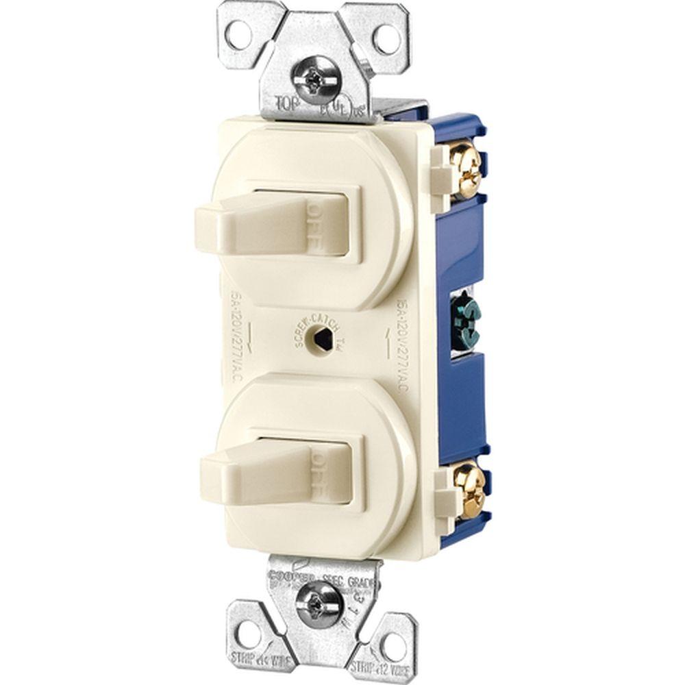 Eaton Commercial Grade 15 Amp Single Pole 2 Toggle Switches With Back And Side Wiring Light Almond