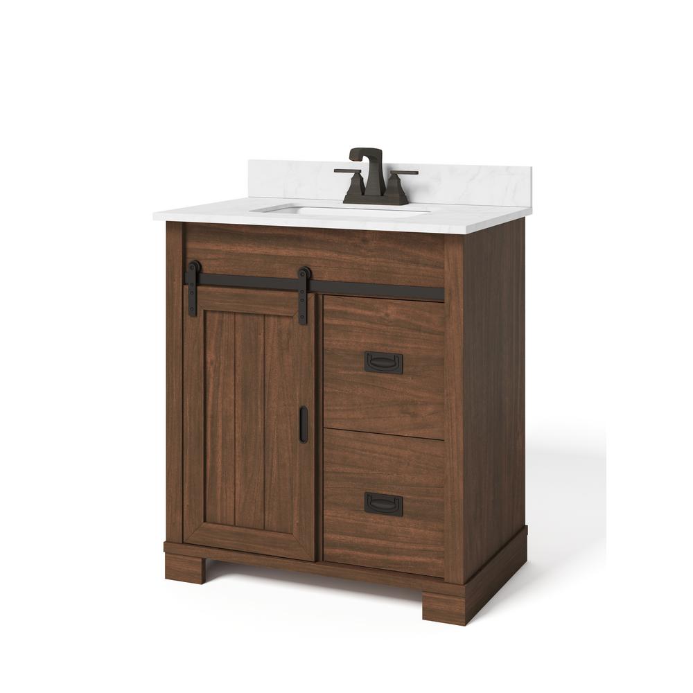 Glacier Bay Brindley 30in. W x 21in. D Barn Door Bath Vanity in Dark Walnut w/ Engineered Carrera Vanity Top in White w/ White Basin