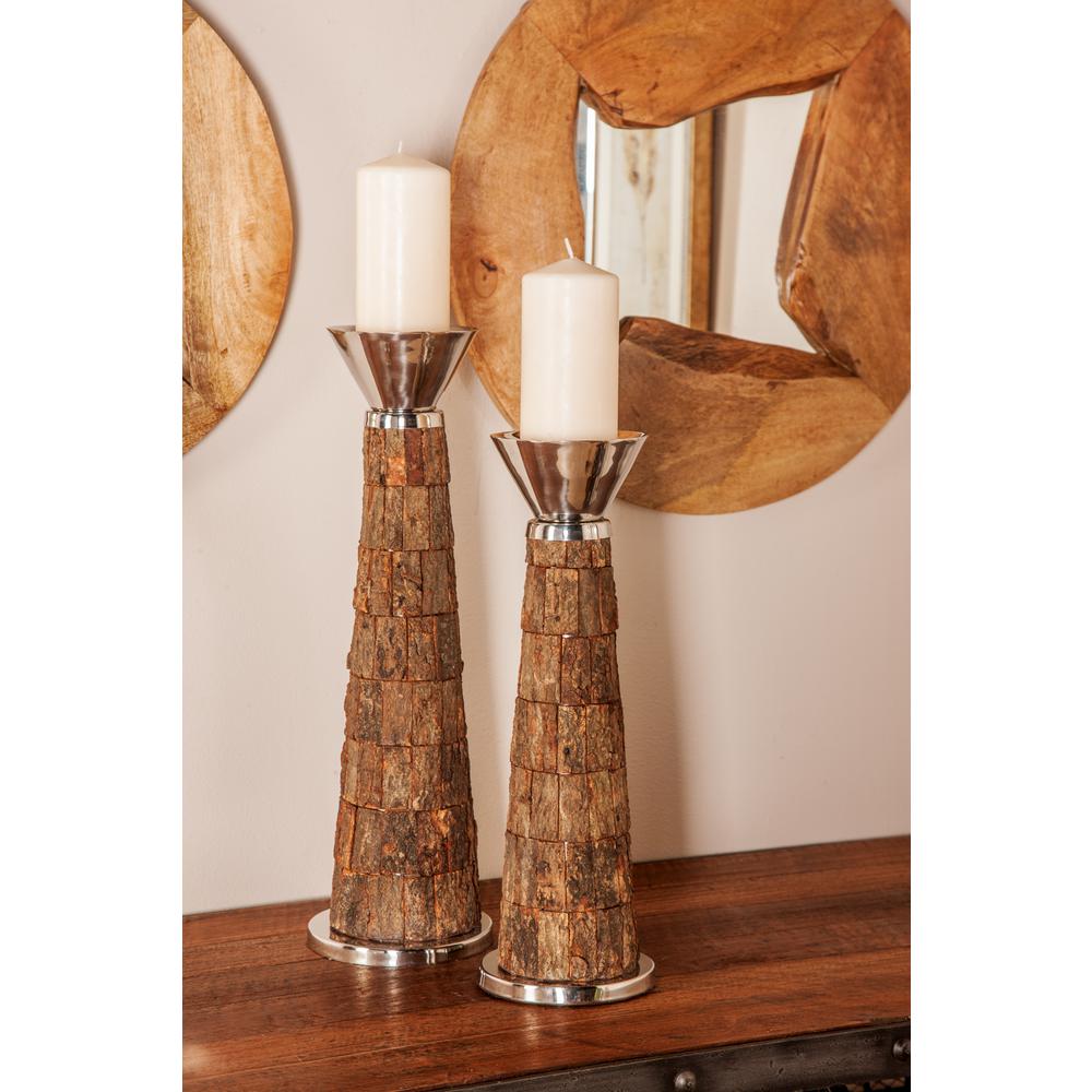 Litton Lane Rustic Brown Carved Mango Wood Candle Holder (Set of 3