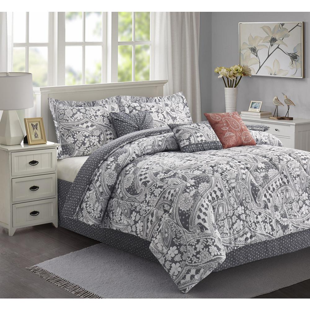 R2zen Ellie 7 Piece Grey Floral King Comforter Set Rz613gy04