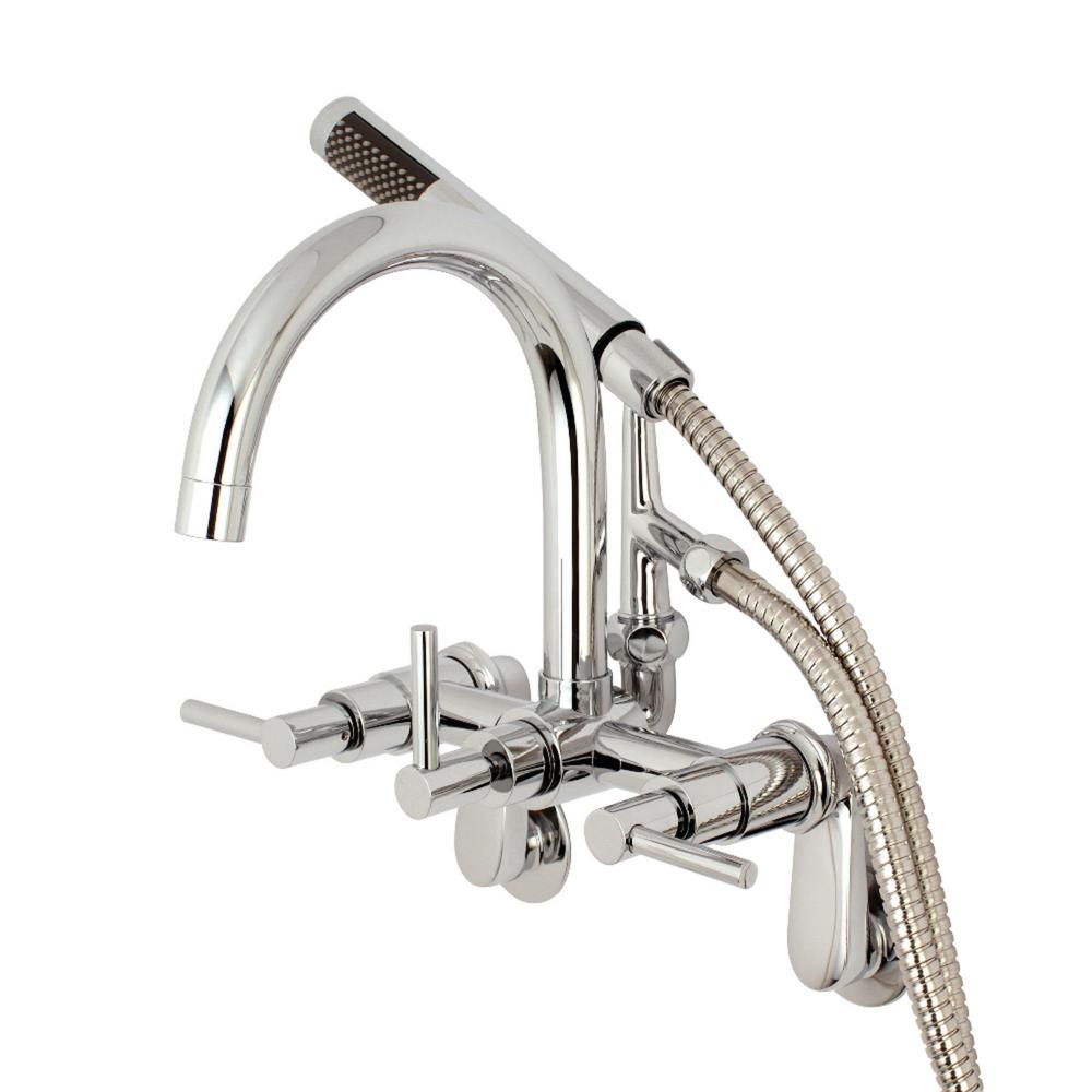 Kingston Brass Modern Gooseneck 3 Handle Wall Mount Claw Foot Tub Faucet With Handshower In Chrome