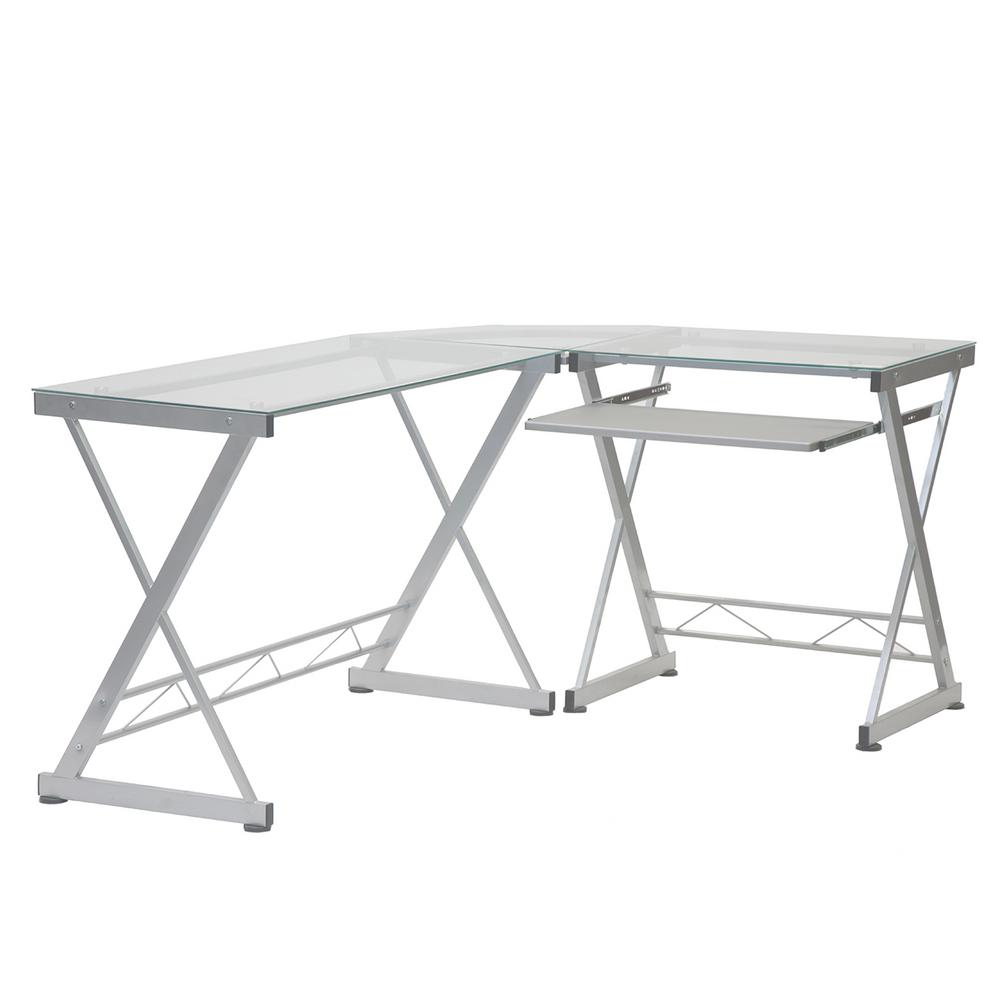 L-Shaped Clear Tempered Glass Top Computer Desk with Pull Out Keyboard Panel