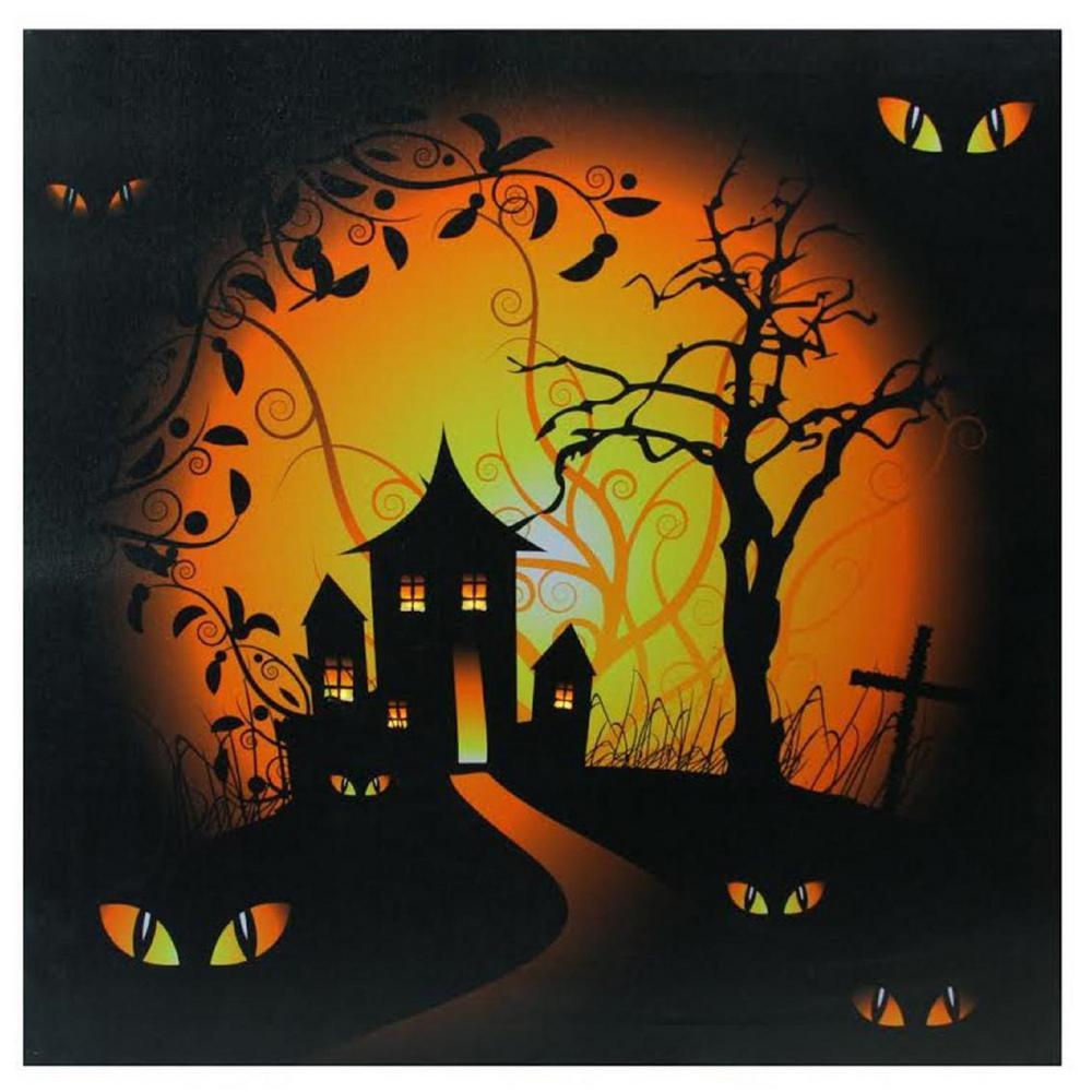 Northlight 19 75 In X 19 75 In Led Lighted Spooky House And Eyes Halloween Canvas Wall Art 32275401 The Home Depot