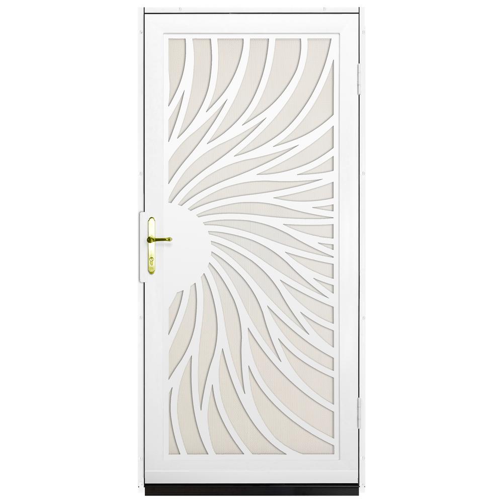 Unique Home Designs 36 In X 80 In Solstice White Surface Mount Steel Security Door With Almond Perforated Screen And Brass Hardware