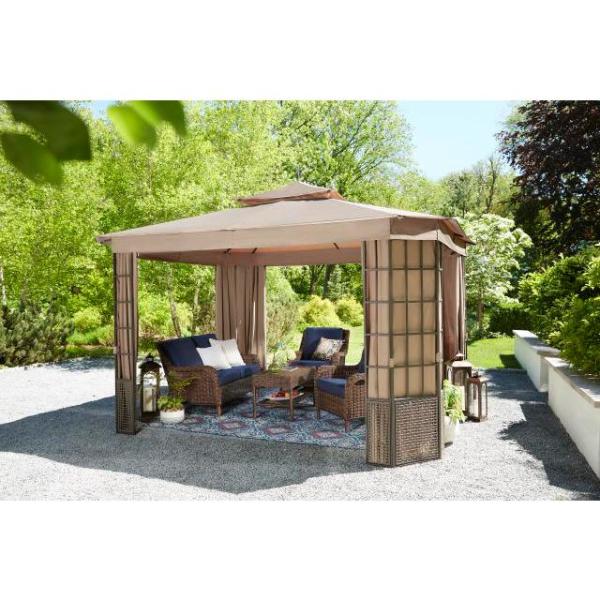 Hampton Bay Verado 10 Ft X 12 Ft Brown Gazebo With Mosquito Netting And Private Curtain L Gz1261pst The Home Depot