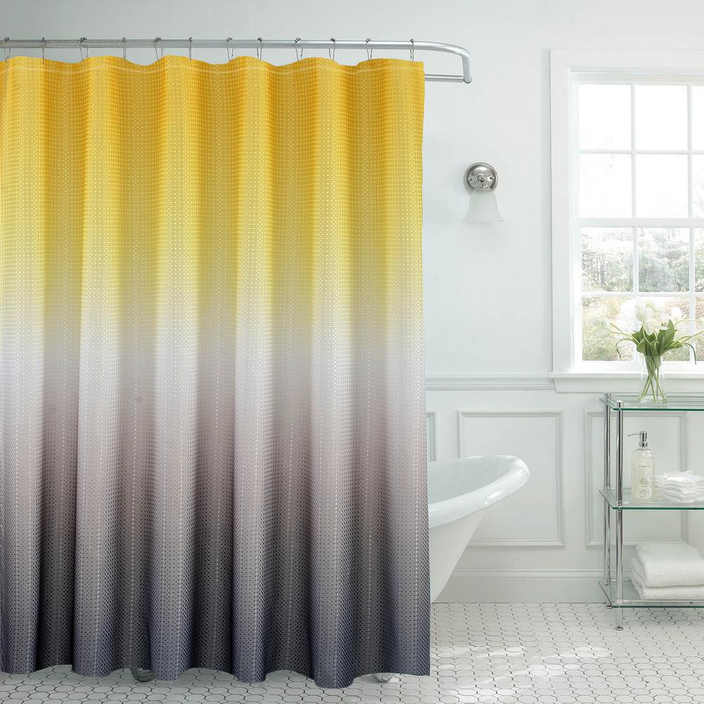 Yellow and gray bathroom window curtains