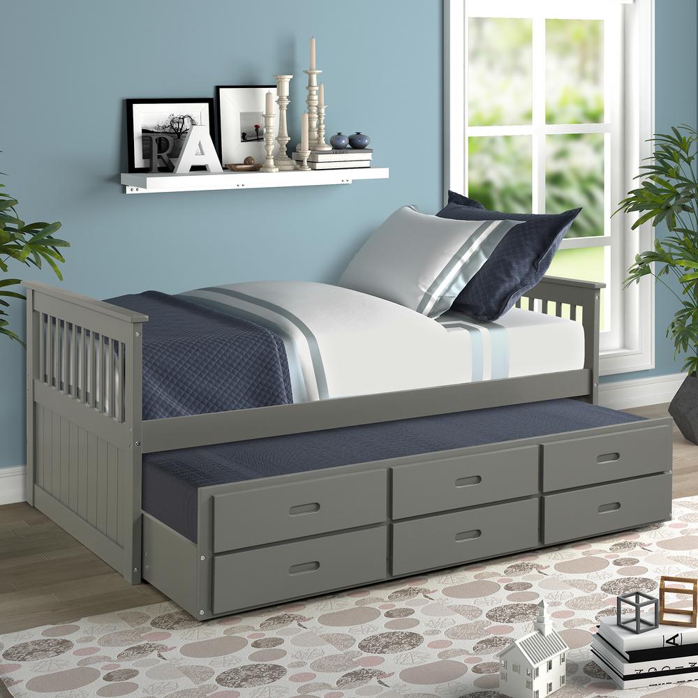 Harper Bright Designs Grey Twin Size Solid Wood Bed With Trundle