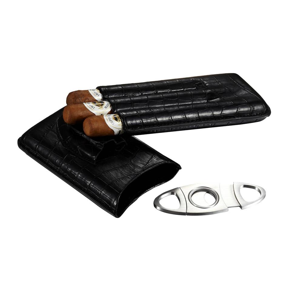 Visol Lincoln Black Leather 3 Finger Cigar Case With Cigar Cutter