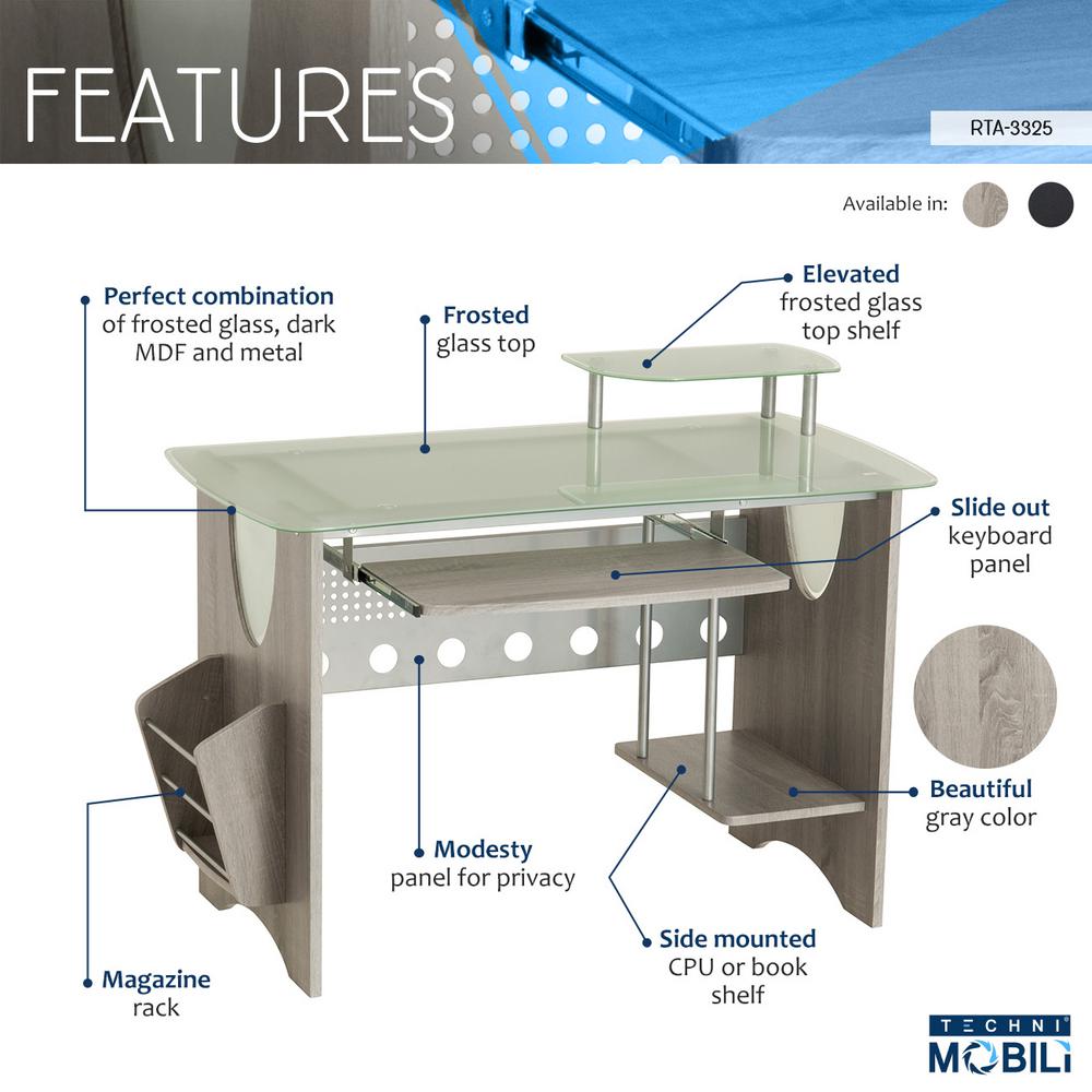 Techni Mobili Gray Frosted Glass Top Computer Desk With Storage