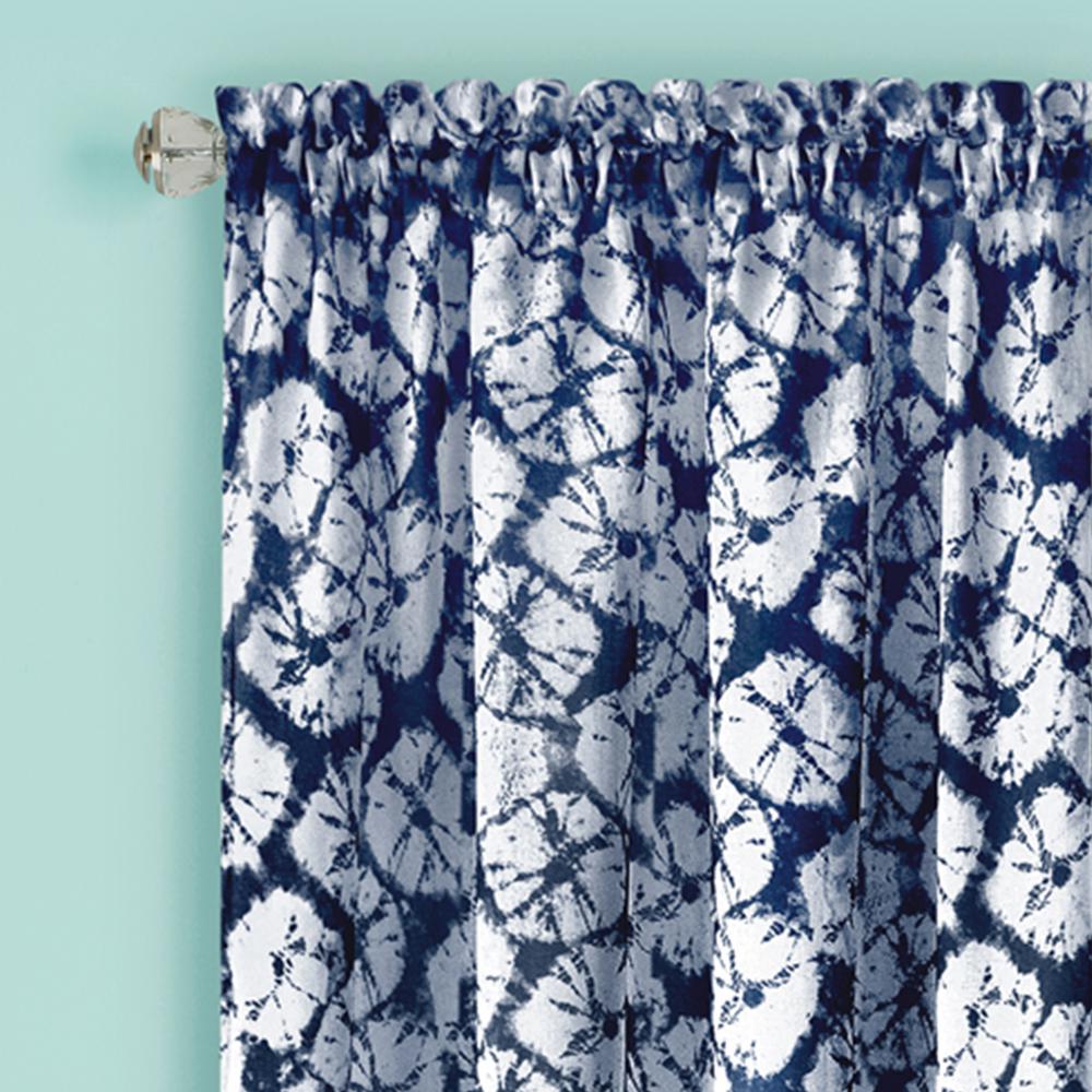 Batik Navy Polyester Rod Pocket Curtain 52 In W X 63 In L