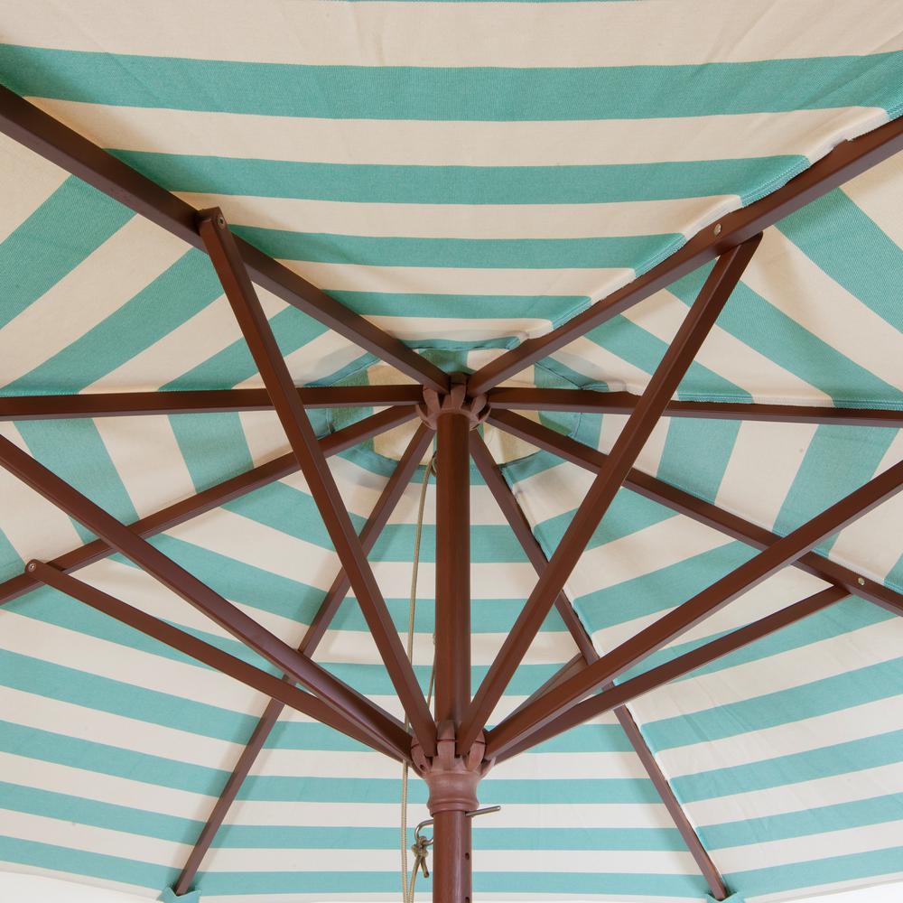 Destinationgear 9 Ft Wood Market Patio Umbrella In Soft Teal And Ivory Stripe Solution Dyed Polyester 1281 The Home Depot