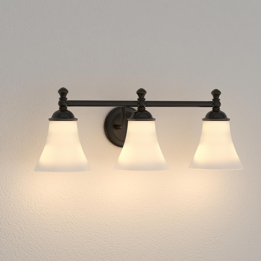 Hampton Bay Crawley 3-Light Oil-Rubbed Bronze Vanity Light w White Glass Shades