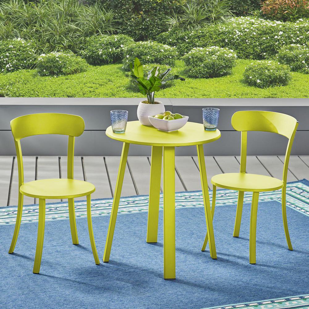 Noble House Teagan Matte Lime Green 3Piece Metal Outdoor Bistro Set