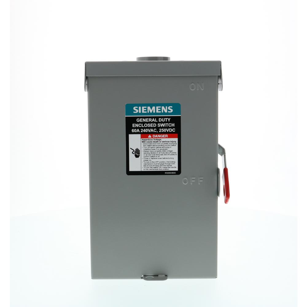 Siemens General Duty 60 Amp 2Pole 3Wire 240Volt Fusible Outdoor Safety SwitchGF222NRA The
