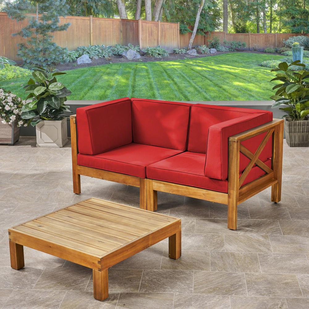 Noble House Brava Teak Brown 3 Piece Acacia Wood Patio Conversation Set With Red Cushions 54504 The Home Depot