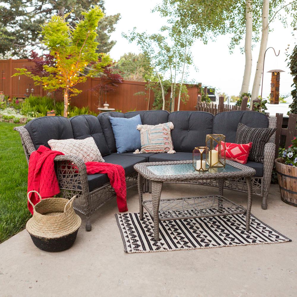 Walker Edison Furniture Company 4 Piece Wicker Outdoor Dining Set Walker Edison Furniture Company 4 Piece Wicker Outdoor Dining Set With Blue Cushions