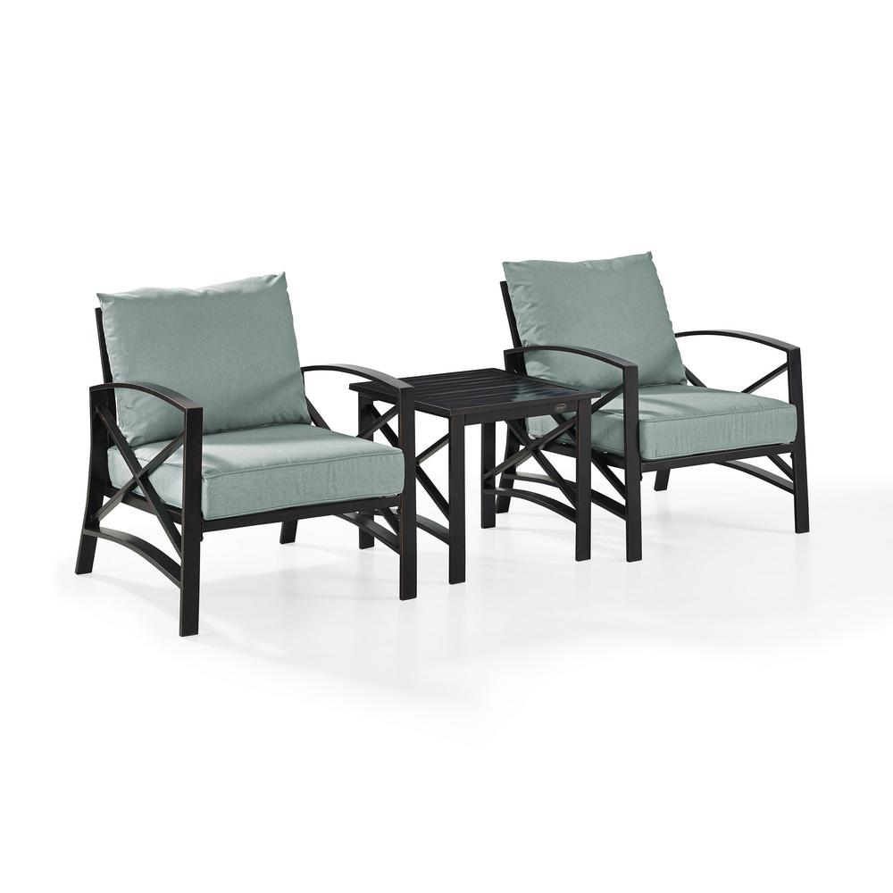 Crosley Kaplan 3 Piece Metal Outdoor Seating Set With Mist Cushions 2 Chairs Side Table Ko60016bz Mi The Home Depot