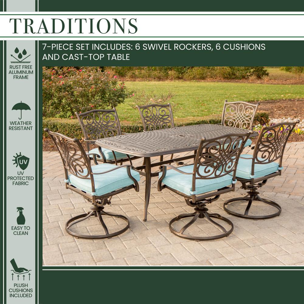 Hanover Traditions 7 Piece Aluminum Outdoor Dining Set With Rectangular Cast Top Table And Swivel Chairs Blue Cushions Traddn7pcsw6 Blu The Home Depot - How To Clean Cast Aluminum Patio Set Hanover Traditions 7 Piece Aluminum Outdoor Dining Set With Rectangular Cast Top Table And Swivel Chairs Blue Cushions Traddn7pcsw6 Blu The Home Depot - How To Clean Cast Aluminum Patio Set