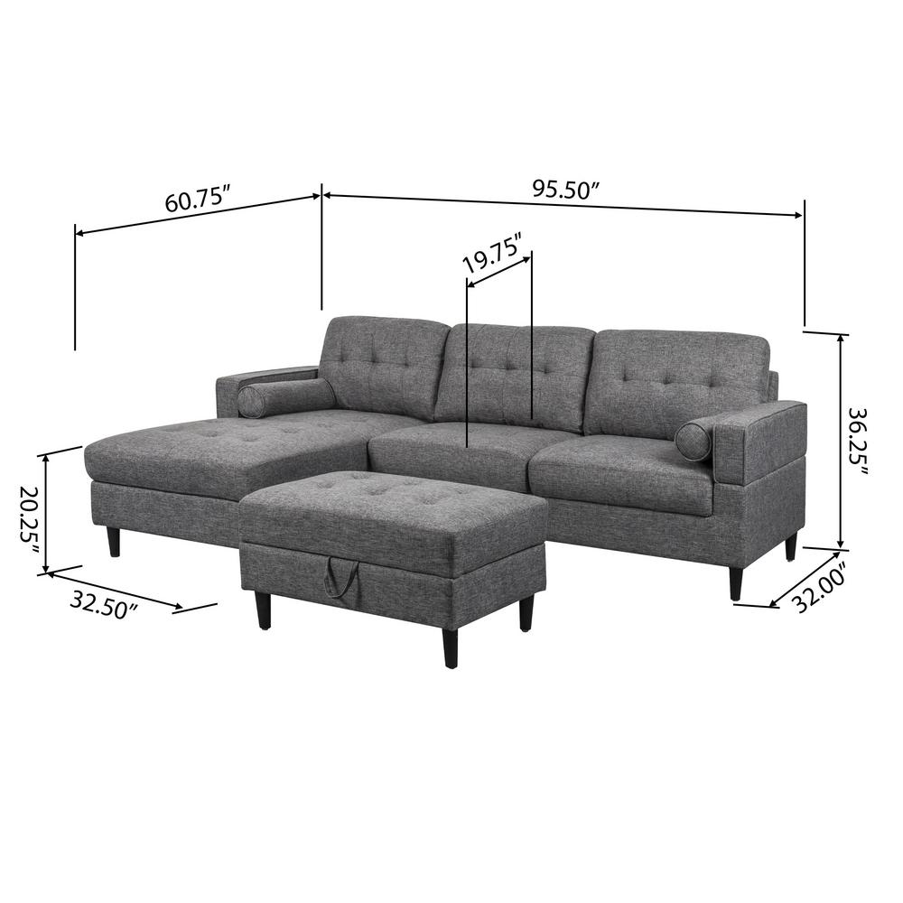 Noble House Florentia 3 Piece Charcoal Tweed Sectional Sofa