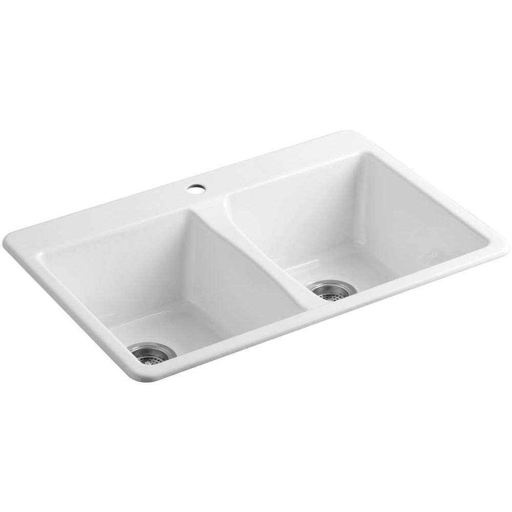 Kohler Deerfield Drop In Cast Iron 33 In 1 Hole Double Bowl Kitchen Sink In White