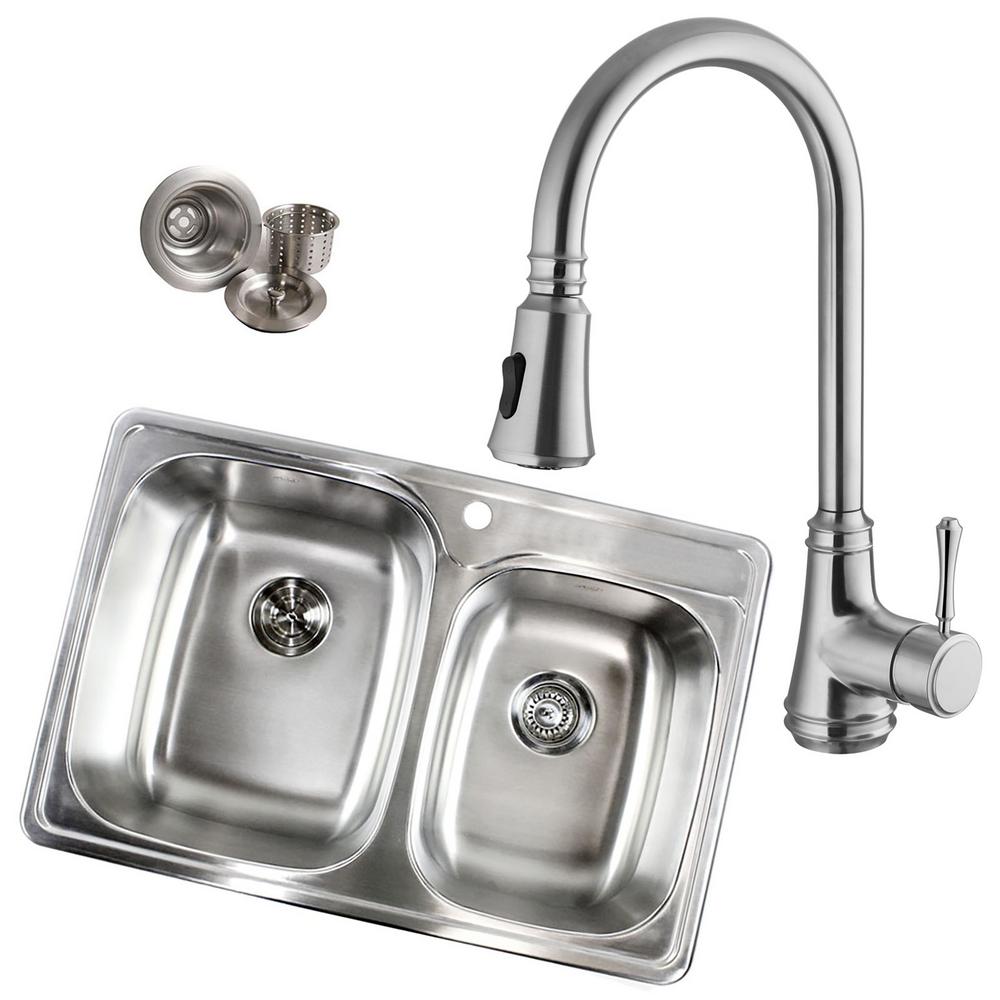 Topmount Drop In 18 Gauge Stainless Steel 33 1 8 In X 22 In 1 Hole 60 40 Offset Double Bowl Kitchen Sink With Faucet Alto 6040 1 030 The Home Depot