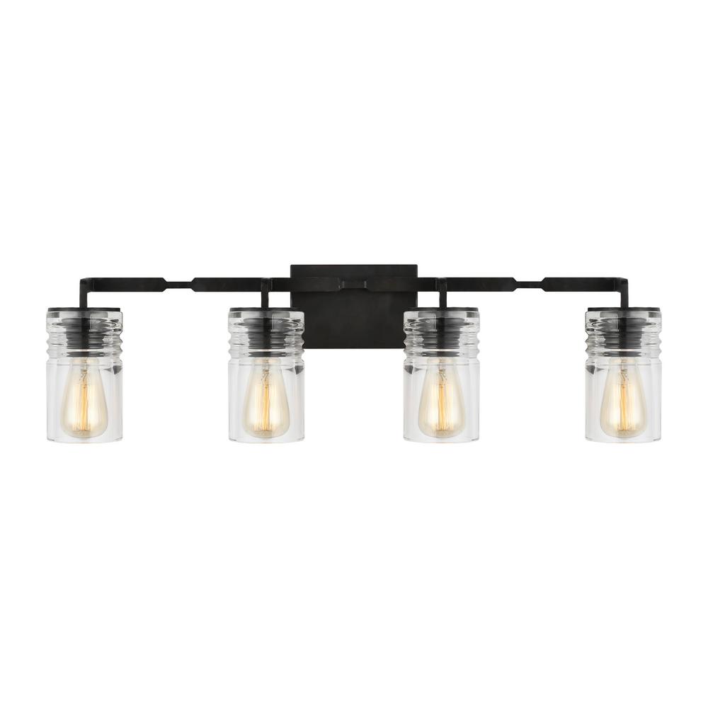 Feiss Ansley 32 75 In W 4 Light Aged Iron Vanity Light With Clear Glass Shades Vs2454ai The Home Depot