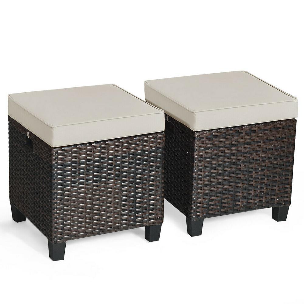 Costway 2-Piece Brown Wicker Outdoor Ottoman with Coffee Cushion Patio