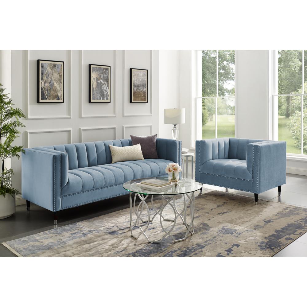 Nicole Miller Joan Slate Blue Chrome Velvet Sofa With Line Stitch