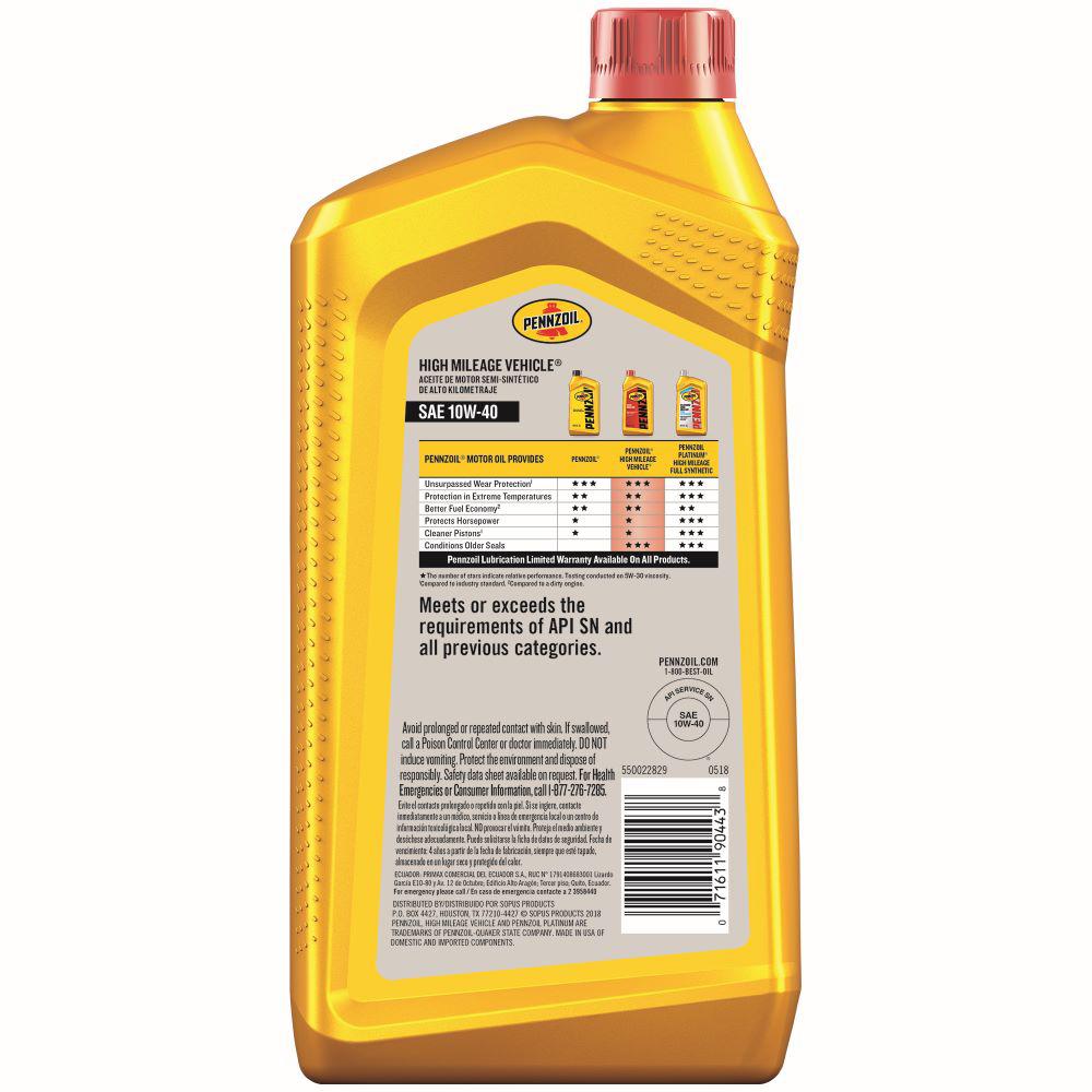 Pennzoil 1 Qt Sae 10w 40 High Mileage Motor Oil The Home Depot