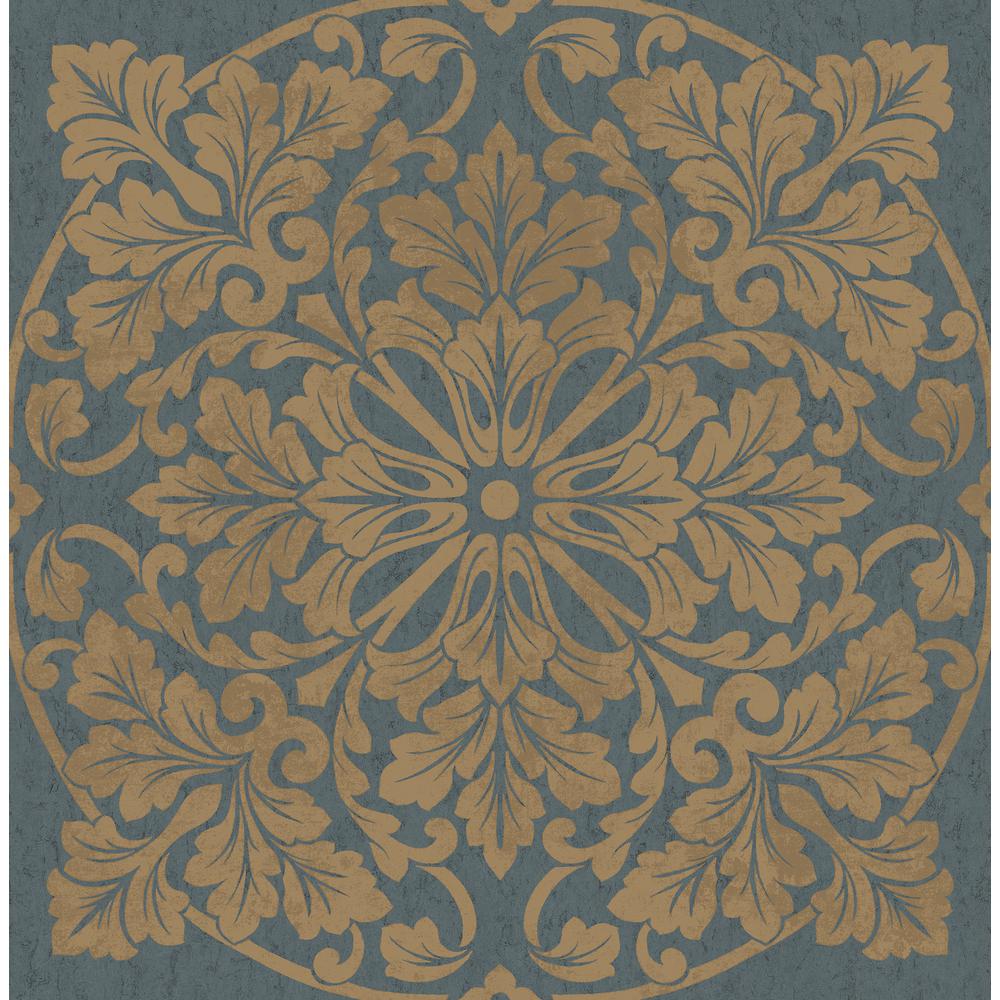 Seabrook Designs Marquette Medallion Metallic Blue Antique Gold Paper Strippable Roll Covers 56 05 Sq Ft Mt The Home Depot