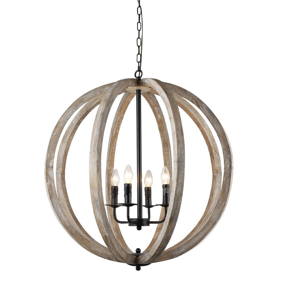 Wood Globe Orb 4-Light Chandelier E12 Candle Style Living Room Pendant Lights