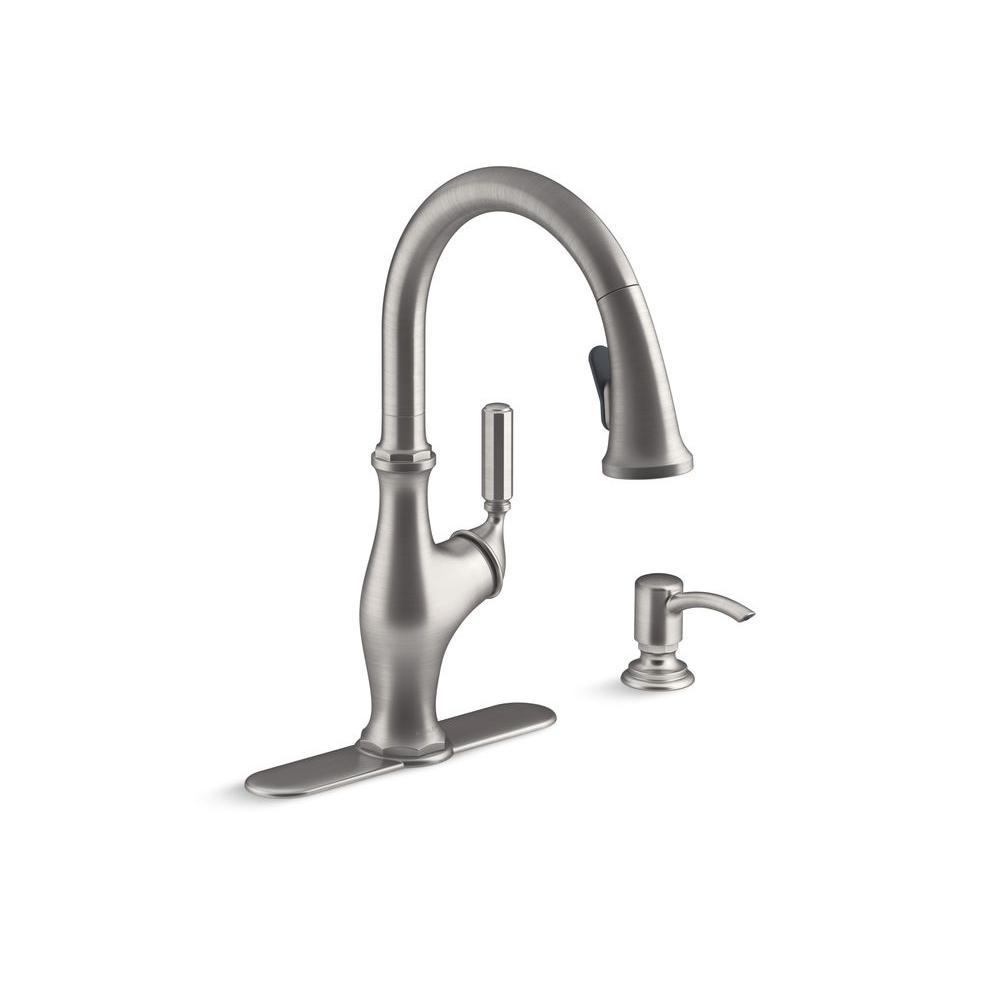 KOHLER Worth Single Handle Pull Down Sprayer Kitchen Faucet In Vibrant   Stainless Steel Kohler Pull Down Faucets K R11921 Sd Vs 64 1000 