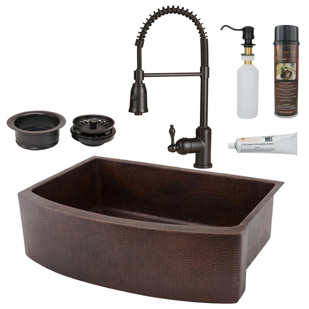 All In One Copper 30 In Rounded Single Bowl Kitchen Farmhouse Apron Front Sink With Spring Faucet In Orb